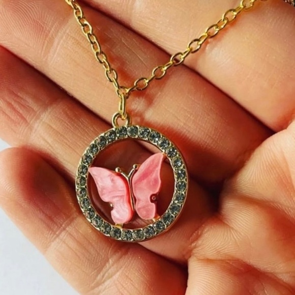 18K Gold Butterfly Pink, Diamond Ring Necklace SS and Matching Earrings - Picture 4 of 4